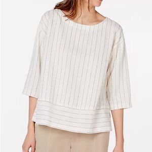 Eileen Fisher Striped Bateau 3/4 Sleeve Top Organic Cotton White Stripe Size Sm